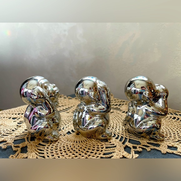 Three Wise Monkeys Small Silver Statues - Picture 2 of 5